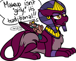 Size: 1266x1023 | Tagged: safe, artist:/d/non, somnambula, the sphinx, earth pony, pegasus, pony, sphinx, g4, 30 minute art challenge, chest fluff, dialogue, duo, ear piercing, earring, egyptian, egyptian headdress, egyptian pony, eyeliner, eyeshadow, featured image, female, jewelry, leonine tail, lidded eyes, makeup, male, mare, on back, piercing, prone, simple background, size difference, speech bubble, white background