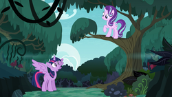 Size: 1920x1080 | Tagged: safe, edit, edited screencap, screencap, starlight glimmer, twilight sparkle, alicorn, pony, unicorn, every little thing she does, g4, bush, cloud, everfree forest, eyes closed, fern, forest, looking down, looking up, mist, mushroom, nature, perch, raised hoof, scenery, sky, smiling, spread wings, tree, tree branch, twilight sparkle (alicorn), wings