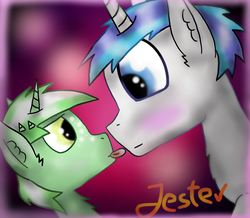 Size: 1000x870 | Tagged: safe, artist:jesterpi, oc, oc:jester pi, oc:silver hoof, abstract background, blushing, boyfriend, kissing, tongue out