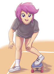 Size: 2598x3543 | Tagged: safe, artist:sumin6301, scootaloo, equestria girls, g4, clothes, cute, female, high res, open mouth, shirt, shoes, shorts, skateboard, socks, solo