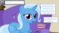 Size: 1280x720 | Tagged: safe, artist:hakunohamikage, trixie, pony, ask-princesssparkle, g4, ask, bowl, female, food, ponyloaf, prone, solo, tumblr