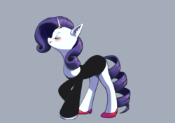 Size: 1419x1000 | Tagged: safe, artist:unousaya, rarity, pony, unicorn, g4, clothes, dress, eyes closed, female, high heels, horn, horn ring, lipstick, mare, shoes, simple background, solo