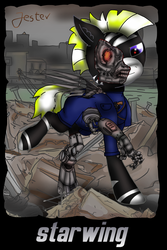 Size: 2000x3000 | Tagged: safe, artist:jesterpi, oc, oc:starwing, cyborg, fallout equestria, artificial wings, augmented, cyberpunk, high res, mechanical wing, post-apocalyptic, ruins, wings