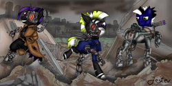 Size: 6000x3000 | Tagged: safe, artist:jesterpi, oc, oc only, oc:nightwing, oc:starbolt, oc:starwing, cyborg, fallout equestria, artificial wings, augmented, city, cyberpunk, mechanical wing, post-apocalyptic, ruins, wings