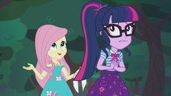 Size: 2208x1242 | Tagged: safe, screencap, fluttershy, sci-twi, twilight sparkle, butterfly, equestria girls, g4, my little pony equestria girls: better together, stressed in show, stressed in show: fluttershy, bowtie, clothes, cute, female, geode of fauna, geode of telekinesis, glasses, happy, magical geodes, open mouth, ponytail, scared, skirt, twiabetes