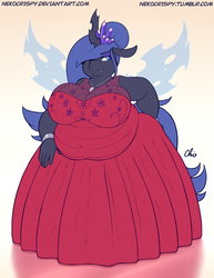 Size: 892x1155 | Tagged: safe, artist:nekocrispy, oc, oc only, oc:high-rise, changeling, changeling queen, anthro, big breasts, blue changeling, breasts, changeling queen oc, chubby, chunkling, chunkling queen, clothes, dress, fat, female, huge breasts, obese