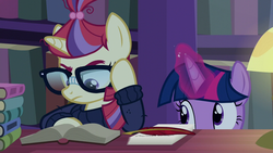 Size: 1280x720 | Tagged: safe, screencap, moondancer, twilight sparkle, alicorn, pony, unicorn, amending fences, g4, book, glowing horn, horn, lamp, quill pen, soon, twilight sparkle (alicorn)