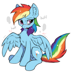 Size: 1212x1222 | Tagged: dead source, safe, artist:hioshiru, rainbow dash, pegasus, pony, g4, blushing, chest fluff, cute, dashabetes, ear fluff, female, fluffy, mare, multicolored hair, out of breath, panting, simple background, sitting, solo, sore wings, sweat, tired, white background