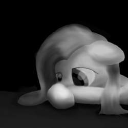 Size: 1280x1280 | Tagged: safe, artist:phat_guy, derpibooru exclusive, pinkie pie, earth pony, pony, g4, black background, depressed, down, female, grayscale, looking down, lying, lying down, mare, monochrome, pinkamena diane pie, reaction image, sad, simple background, solo
