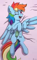 Size: 2000x3188 | Tagged: safe, anonymous artist, artist:php80, rainbow dash, human, g4, bellyrubs, colored pupils, cute, dashabetes, disembodied hand, ear fluff, female, hand, high res, implied anon, on back, solo, spread wings, wings