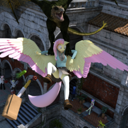 Size: 2000x2000 | Tagged: safe, artist:tahublade7, bon bon, derpy hooves, fluttershy, sweetie drops, oc, oc:bacon bits, dragon, anthro, g4, 3d, assisted exposure, baguette, boots, bread, breasts, caught, clothes, colored wings, daz studio, food, grocery bag, high res, kidnapped, milk, multicolored wings, panties, scared, scarf, shoes, skirt, skirt lift, socks, solo focus, spread wings, sweater, sweatershy, thigh highs, tomato, two toned wings, underwear, upskirt, white underwear, wings
