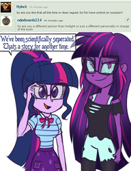 Size: 500x651 | Tagged: dead source, safe, artist:wubcakeva, sci-twi, twilight sparkle, equestria girls, g4, my little pony equestria girls: better together, causal midnight sparkle, deviantart, duo, duo female, female, long hair, midnight sparkle, traditional art
