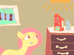 Size: 2048x1536 | Tagged: safe, artist:chocolate-mint swirl, derpibooru exclusive, fluttershy, g4, cereal, digital art, dresser, drool, food, froot loops, hungry, milk, window