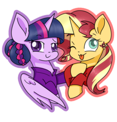 Size: 1153x1200 | Tagged: safe, artist:chautung, sunset shimmer, twilight sparkle, alicorn, pony, unicorn, g4, alternate clothes, alternate hairstyle, cute, female, lesbian, looking at you, one eye closed, shimmerbetes, ship:sunsetsparkle, shipping, simple background, smiling, tongue out, transparent background, twiabetes, twilight sparkle (alicorn), wink