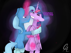 Size: 2048x1536 | Tagged: safe, artist:purple-parridice2-0, trixie, twilight sparkle, alicorn, pony, unicorn, g4, clothes, duo, eyes closed, female, glowing horn, horn, kissing, lesbian, magic, mare, ship:twixie, shipping, socks, telekinesis, tickling, twilight sparkle (alicorn)