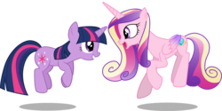 Size: 5996x3001 | Tagged: safe, artist:cloudy glow, edit, editor:slayerbvc, vector edit, princess cadance, twilight sparkle, alicorn, pony, unicorn, g4, accessory-less edit, bare hooves, cute, cutedance, duo, duo female, female, ladybugs-awake, looking at each other, mare, missing accessory, simple background, sisters-in-law, slender, sunshine sunshine, thin, transparent background, unicorn twilight, vector