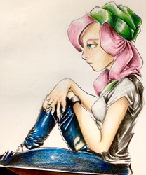 Size: 2326x2795 | Tagged: safe, artist:nolyanimeid, fluttershy, equestria girls, g4, beanie, clothes, clothes swap, female, hat, high res, implied starlight glimmer, pants, sitting, torn clothes