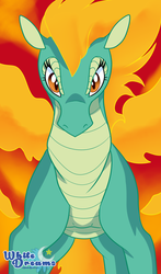 Size: 1761x3000 | Tagged: safe, artist:xwhitedreamsx, tianhuo (tfh), longma, them's fightin' herds, community related, female, fire, looking at you, slit pupils, solo