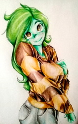 Size: 2026x3205 | Tagged: safe, artist:nolyanimeid, wallflower blush, equestria girls, equestria girls series, forgotten friendship, g4, clothes, cute, female, flowerbetes, high res, jeans, looking at you, pants, simple background, smiling, solo, sweater, traditional art, white background