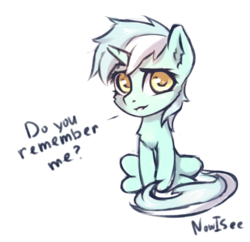 Size: 671x649 | Tagged: safe, artist:inowiseei, lyra heartstrings, pony, unicorn, fanfic:background pony, g4, chest fluff, colored sketch, dialogue, female, looking at you, mare, raised eyebrow, simple background, sitting, smiling, solo, text, white background