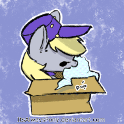 Size: 1000x1000 | Tagged: safe, artist:itsalwayspony, derpy hooves, pegasus, pony, g4, animated, box, bubble wrap, cardboard box, cute, derpabetes, ear fluff, female, hat, mailmare, mare, onomatopoeia, pony in a box, silly, silly pony, solo, sound effects, wings