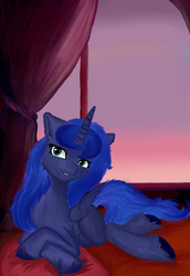 Size: 1100x1600 | Tagged: safe, artist:php97, princess luna, alicorn, pony, g4, bed, female, looking at you, night, solo, unshorn fetlocks