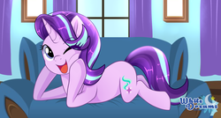 Size: 2500x1338 | Tagged: safe, artist:xwhitedreamsx, starlight glimmer, pony, unicorn, g4, couch, cute, female, glimmerbetes, looking at you, mare, one eye closed, open mouth, prone, smiling, solo, wink