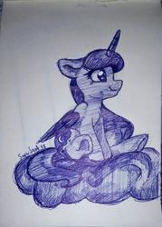 Size: 1706x2382 | Tagged: safe, artist:php97, princess luna, alicorn, pony, g4, ballpoint pen, cloud, cute, drawing, female, ink drawing, mare, monochrome, moon, simple background, sitting, solo, traditional art, white background