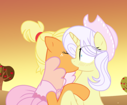 Size: 1252x1036 | Tagged: safe, artist:starfalldawn, applejack, lily lace, earth pony, pony, unicorn, g4, alternate hairstyle, apple, apple tree, applelace, blushing, clothes, cowboy hat, dress, female, food, hat, hug, kissing, lesbian, mare, shipping, surprised, tree
