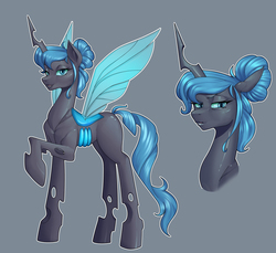 Size: 3823x3507 | Tagged: safe, artist:nauth, oc, oc only, oc:queen polistae, changeling, changeling queen, pony, blue changeling, bust, changeling oc, changeling queen oc, commission, female, gray background, high res, lidded eyes, mare, noble, queen, raised hoof, simple background, solo