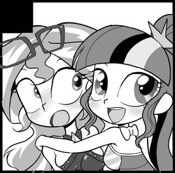 Size: 902x890 | Tagged: safe, artist:k-nattoh, sci-twi, sunset shimmer, twilight sparkle, human, equestria girls, equestria girls series, g4, bowtie, clothes, female, glasses, hairpin, hug, lesbian, looking at you, monochrome, ship:sci-twishimmer, ship:sunsetsparkle, shipping