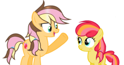 Size: 1416x744 | Tagged: safe, artist:rainbows-skies, oc, oc only, oc:apple flower, oc:apple shine, earth pony, pony, cousins, female, filly, mare, offspring, parent:apple bloom, parent:applejack, parent:caramel, parent:tender taps, parents:carajack, parents:tenderbloom, simple background, transparent background