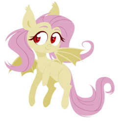 Size: 2299x2370 | Tagged: safe, artist:belka-sempai, fluttershy, bat pony, pony, g4, bat wings, fangs, female, flutterbat, flying, high res, hooves, lineless, looking at you, looking sideways, mare, missing cutie mark, race swap, red eyes, simple background, smiling, solo, spread wings, transparent background, turned head, wings