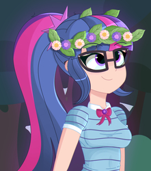 Size: 1706x1934 | Tagged: dead source, safe, artist:pastelhorses, sci-twi, twilight sparkle, equestria girls, g4, my little pony equestria girls: better together, stressed in show, stressed in show: fluttershy, bow, clothes, cute, female, floral head wreath, flower, geode of telekinesis, glasses, human coloration, magical geodes, redraw, smiling, solo, twiabetes