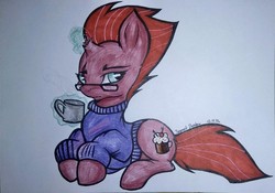 Size: 2157x1511 | Tagged: safe, artist:php97, fizzlepop berrytwist, tempest shadow, pony, g4, my little pony: the movie, clothes, female, food, glasses, glowing horn, horn, magic, prone, solo, sweater, tea, telekinesis, traditional art