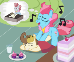 Size: 1500x1269 | Tagged: safe, artist:magerblutooth, cup cake, pound cake, earth pony, pegasus, pony, g4, backrub, cake, crown, crying, cupcake, cute, cute cake, daaaaaaaaaaaw, female, food, glass, hnnng, jewelry, male, massage, milk, mother and son, older, plate, poundabetes, regalia, singing, sugarcube corner, table, tears of joy, thought bubble