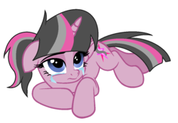 Size: 1032x720 | Tagged: safe, artist:rainbows-skies, oc, oc only, pony, unicorn, crying, female, mare, prone, simple background, solo, transparent background