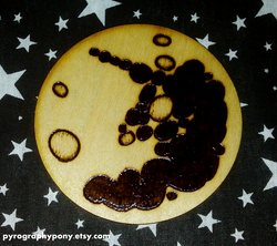 Size: 1629x1449 | Tagged: safe, artist:aracage, coaster, irl, mare in the moon, moon, photo, pyrography, traditional art, woodwork