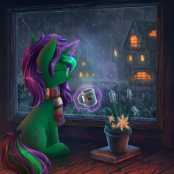 Size: 2000x2000 | Tagged: safe, artist:atlas-66, oc, oc only, oc:buggy code, pony, unicorn, clothes, cup, drink, eyes closed, glasses, high res, house, indoors, levitation, magic, rain, scarf, scenery, sitting, solo, telekinesis