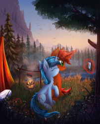 Size: 2615x3238 | Tagged: safe, artist:atlas-66, oc, oc only, oc:rayven, pony, unicorn, campfire, cellphone, couple, female, forest, glowing horn, high res, horn, lake, magic, male, oc x oc, phone, scenery, selfie, shipping, smiling, straight, tent, tree