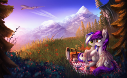 Size: 3621x2234 | Tagged: safe, artist:atlas-66, oc, oc only, oc:herpy, oc:swirple, pegasus, pony, unicorn, airbus, airbus a380, basket, cliff, color porn, commission, eyestrain warning, female, forest, grass, high res, male, mare, mountain, oc x oc, picnic basket, picnic blanket, plane, scenery, scenery porn, scp, scp foundation, shipping, sky, smiling, stallion, straight, tree