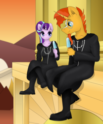 Size: 1024x1229 | Tagged: safe, artist:zeronitroman, starlight glimmer, sunburst, anthro, g4, disney, ear fluff, female, food, ice cream, kingdom hearts, male, organization xiii, sea salt ice cream, ship:starburst, shipping, smiling, straight