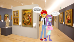 Size: 1500x850 | Tagged: safe, artist:mytri-atari, sunny flare, sunset shimmer, equestria girls, g4, art gallery, converse, equestria guys, male, painting, rule 63, shipping, shoes, statue, sunnyglare, sunset glare