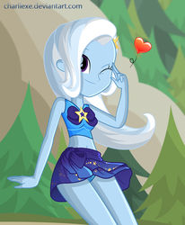 Size: 1003x1219 | Tagged: safe, artist:charliexe, trixie, equestria girls, equestria girls series, forgotten friendship, adorasexy, beach, belly button, blue swimsuit, bow swimsuit, breasts, clothes, cute, diatrixes, female, heart, midriff, moe, one eye closed, pose, sarong, sexy, skirt, skirt lift, solo, swimsuit, upskirt, wink