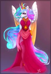 Size: 896x1280 | Tagged: safe, artist:copshop, princess celestia, alicorn, anthro, unguligrade anthro, g4, clothes, colored wings, crown, dress, female, jewelry, mare, multicolored wings, regalia, solo, stockings, thigh highs