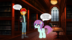 Size: 1500x850 | Tagged: safe, artist:mytri-atari, sunny flare, sunset shimmer, pony, equestria girls, g4, my little pony equestria girls: friendship games, book, bookshelf, chandelier, equestria girls ponified, equestria guys, fireplace, library, male, ponified, rule 63, shipping, sunnyglare, sunset glare, table, window