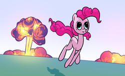 Size: 2569x1559 | Tagged: safe, artist:ladyb0ner, artist:ladyboner, pinkie pie, g4, cool guys don't look at explosions, explosion, walking away from explosion