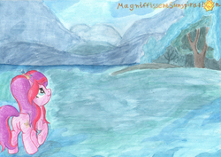 Size: 3471x2459 | Tagged: safe, artist:magnifsunspiration, oc, oc only, oc:cookiestar melody, earth pony, pony, female, high res, mare, snow, solo, traditional art, tree