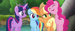 Size: 1920x804 | Tagged: safe, screencap, applejack, pinkie pie, rainbow dash, twilight sparkle, alicorn, pony, g4, my little pony: the movie, eyes closed, twilight sparkle (alicorn)