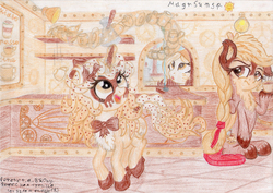 Size: 3487x2466 | Tagged: safe, artist:magnifsunspiration, oc, oc only, oc:cappuccine coffeebreak, oc:espressa coffeebreak, oc:irish coffeebreak, pony, unicorn, female, high res, magic, mare, steampunk, traditional art